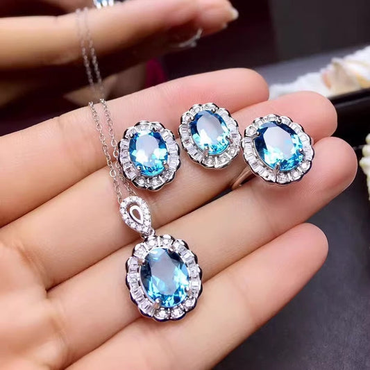 Colored Gems Rings Ear Studs Pendant Natural Topaz Set