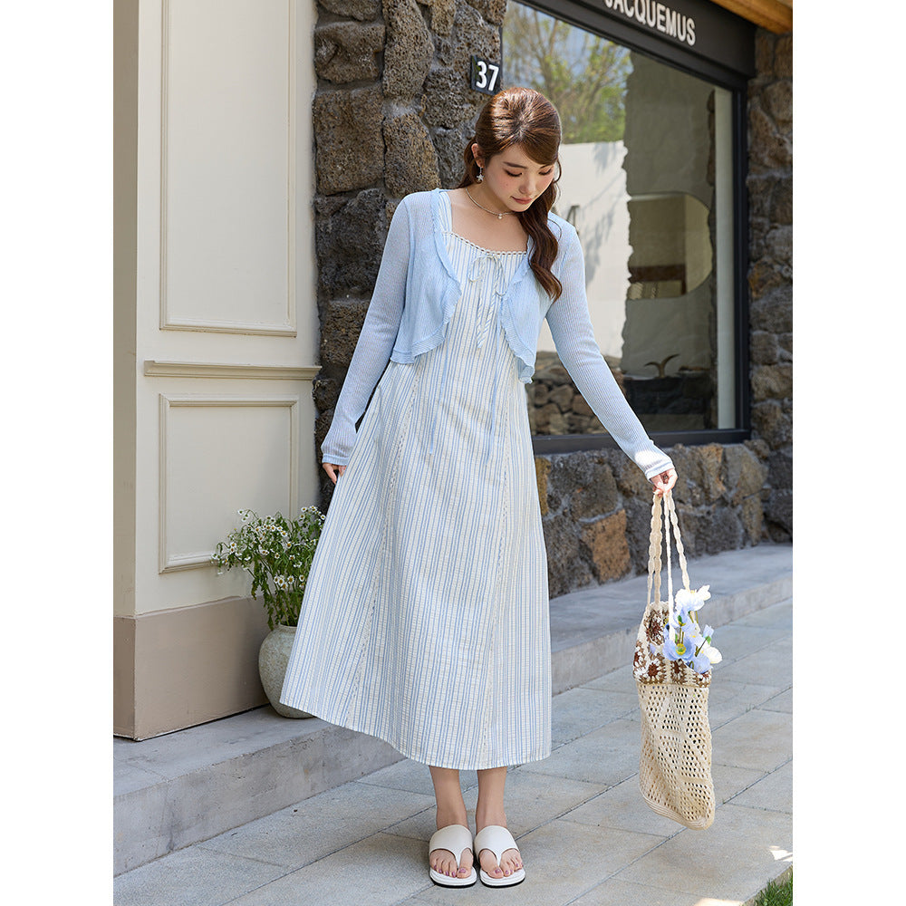 Korean Style Elegant Lace Bow Striped Suspender Skirt Summer Plump Girls Plus Size