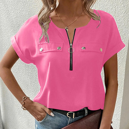 Women's V-Neck Zipper Top Solid Color Short Sleeve Blouse