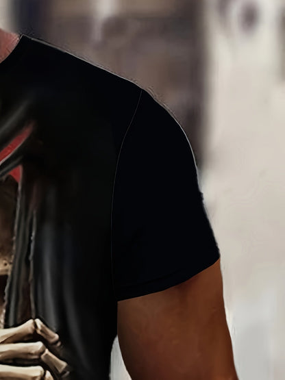 Men's 3D Skull Printed T-shirt - Casual Short Sleeve, Summer Outdoor, Stretch Polyester Blended, Machine Washable