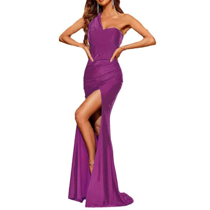 One-shoulder Pleated Wrap Evening Dress Dress
