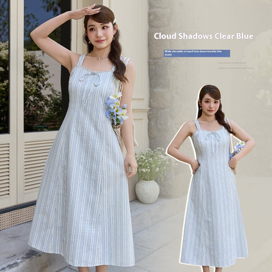 Korean Style Elegant Lace Bow Striped Suspender Skirt Summer Plump Girls Plus Size